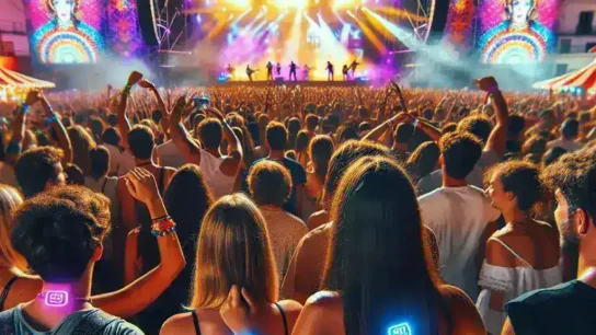 "Festival de música en España con asistentes usando pulseras digitales para pagos cashless, destacando la innovación en la experiencia del evento."