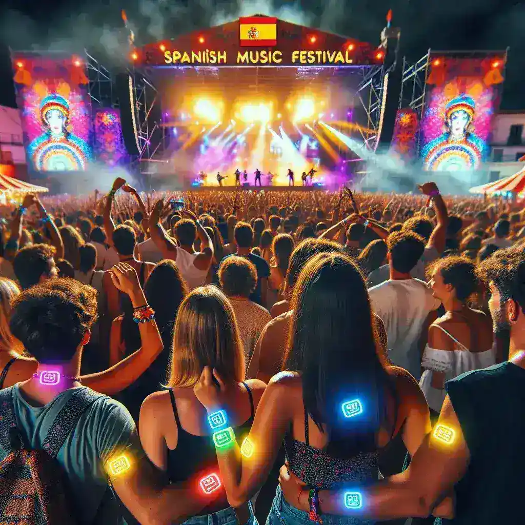 "Festival de música en España con asistentes usando pulseras digitales para pagos cashless, destacando la innovación en la experiencia del evento."